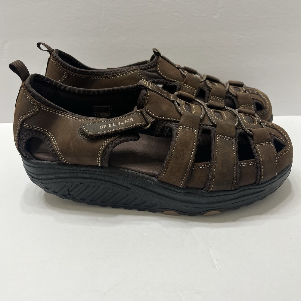 Skechers Shape-Up Leather Sandals Brown Straps Hook & Look Closure Women's 9